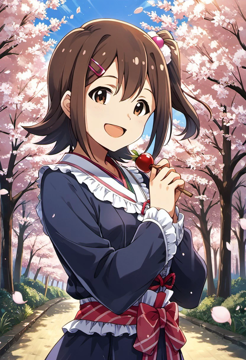 score_9, score_8_up, score_7_up, source_anime,kasuga mirai, brown hair, brown eyes, short hair, 1girl, hanami, wagashi, cherry blossoms, sanshoku dango, dango, hairclip, hair ornament, one side up, smile, open mouth, food