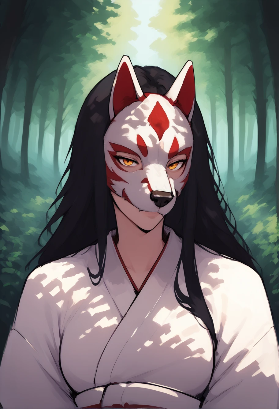 score_8_up, woman, long hair, black hair, outdoors, forest, upper body, shade, white kimono, yellow eyes, looking at viewer, seductive smile, mask on face,  wolf mask <lora:WolfMask:1>