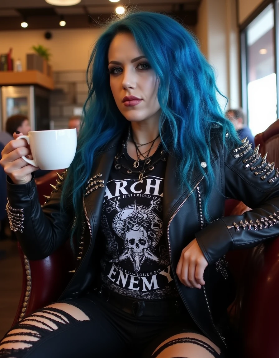 <lora:Alissa_White-Gluz:1> realistic photo of alissawg, blue hair, makeup, wearing an "ARCH ENEMY" band tank top, leather jacket with spikes and studs, black ripped jeans,  in a cafe having a coffee.