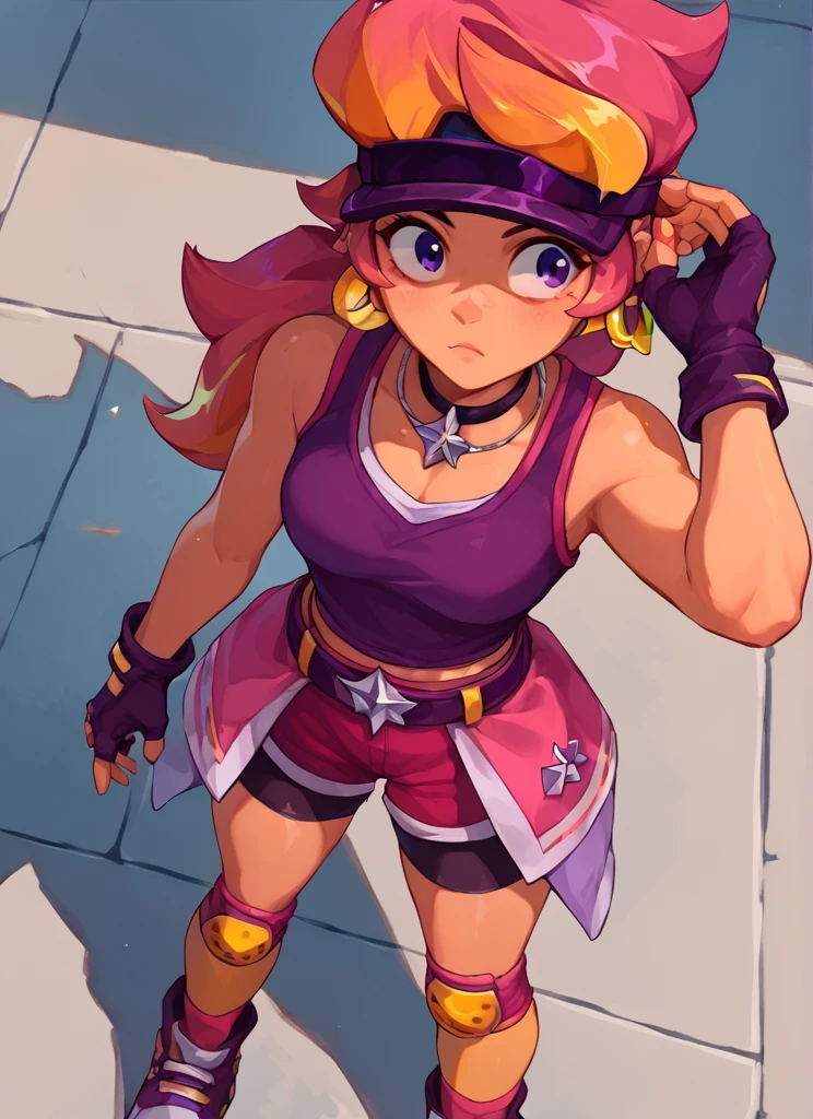 score_9, score_8_up, score_7_up,   <lora:boamber:1>boamber   ,1 girl  , multicolored hair, long hair  ,purple tank top,  belt, yellow knee pads, shorts ,  skirt, shorts under skirt, visor cap,   pink headwear, fingerless gloves,  from above,