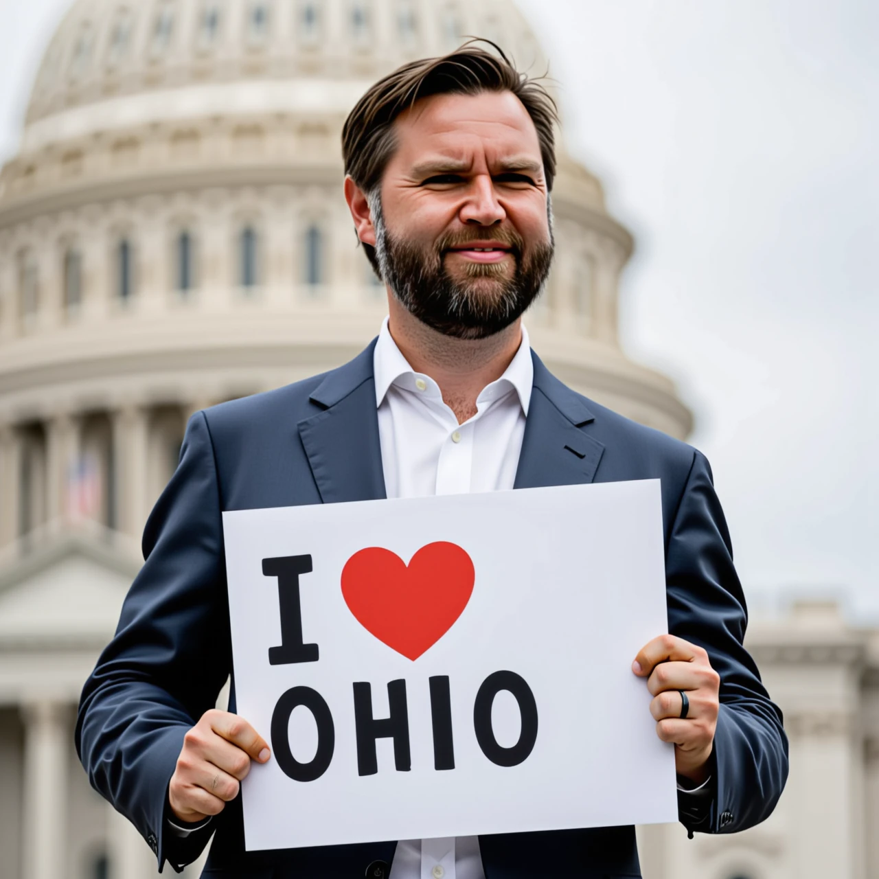 A photo of JD Vance

Subject: JD Vance

Appearance: Wearing a regular business suit jacket over a casual collared shirt, with his signature short, well-groomed beard visible.

Pose: Standing upright, holding a sign that says "I Love Ohio" in bold letters.

Setting: In front of the Ohio Capitol building.

Background: The Ohio Capitol building is clearly visible, with the architectural details in focus.

Mood/Atmosphere: Simple, straightforward, and positive, reflecting a sense of pride and affection for Ohio.