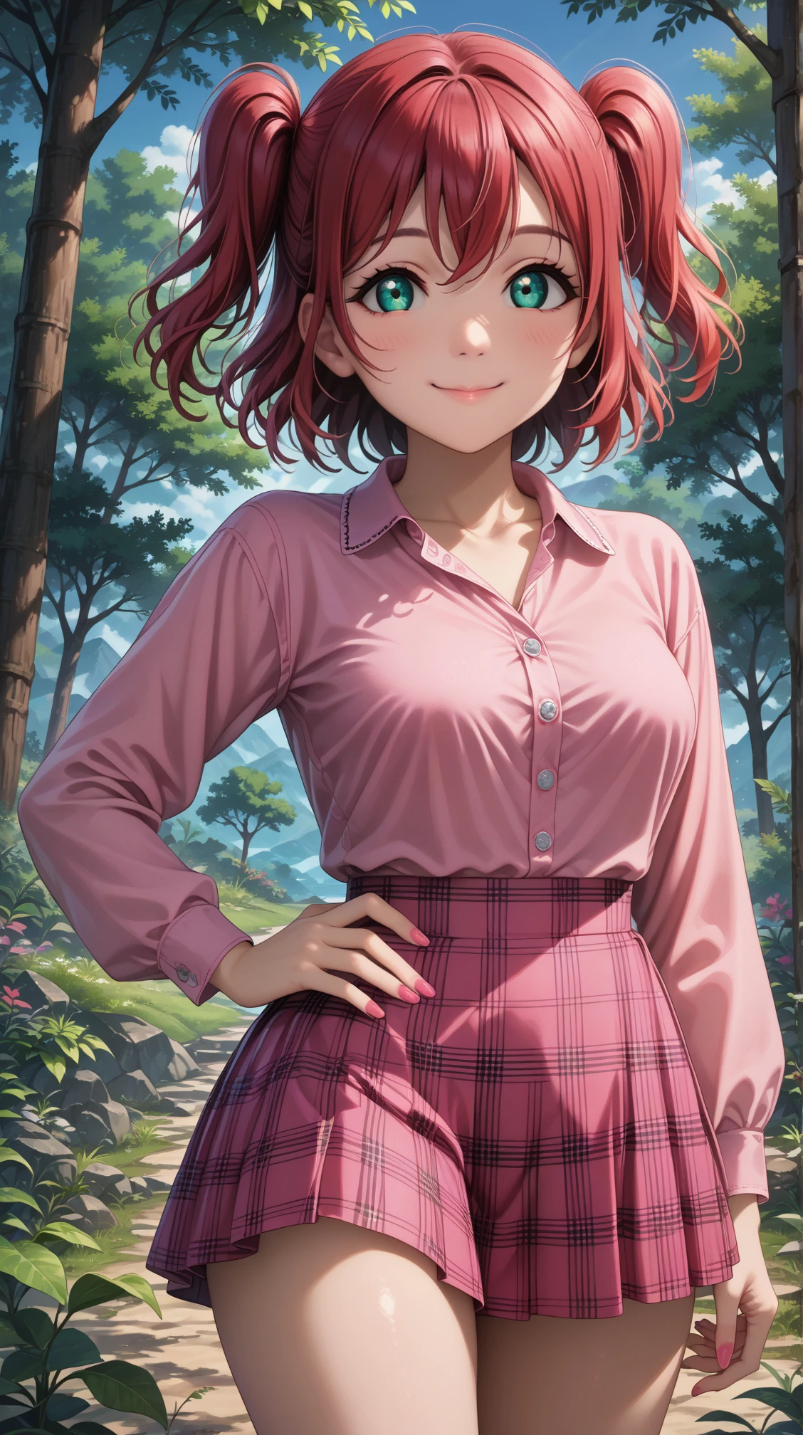 score_9, score_8_up, score_7_up, solo, 1girl, kurosawaruby, red hair, two side up, aqua eyes, looking at viewer, medium breasts
pink shirt, long sleeves, long shirt, smile, buttons, plaid skirt, pink skirt, miniskirt, closed mouth, collarbone, collared shirt,
(thighs:1.5), feet out of frame, outdoors, greenery, (hand on hips:1.1), nail polish, pink nails, 
 <lora:rubypony-04:1>