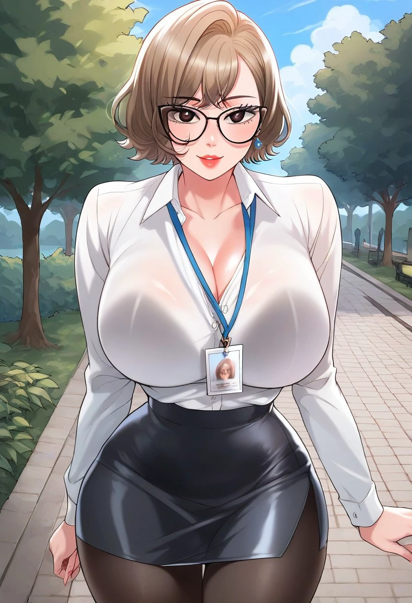 score_9, score_8_up, score_7_up, ASCII masterpiece, source_anime, BREAK, 1girl, solo, (( <lora:young-hee:1> , young-hee, thin waist, wide hips, beautiful skin, beautiful dark brown eyes, clear eyes, bright pupils, beautiful eyes, beautiful light brown hair, beautiful short hair, bangs, huge and shaggy breasts, natural beauty, extraordinary beautiful woman, attractive woman, super sexy woman, lustful body, sexy woman with seductive obscene body, sensual body, voluptuous body, sexy beauty, no piercings, no piercing, )), ((long sleeves white shirt, obscene cleavage, huge cleavage, short black pencil skirt, black pantyhose, glasses with black frame, blue id card holder with rope, earrings, )) , looking at viewer, uncensored, sexy pose, beautiful smile, outdoor, park, looking at viewer, horny, seductive, cute pose, cowboy shot, front view,