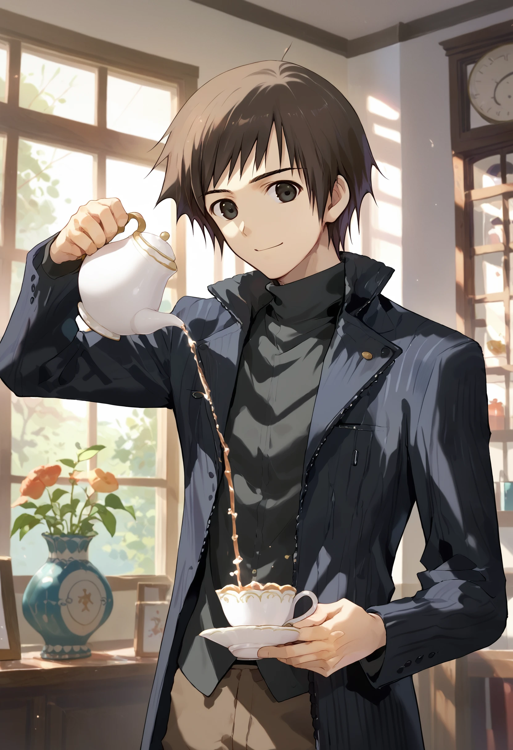 score_9, score_8_up, score_7_up, 1boy soujuurou shizuki, black jacket black shirt turtleneck brown pants, pouring, holding cup, holding teapot, light smile, indoors
<lora:mahoutsukai_no_yoru_characters_pony:0.8>
<lora:holding_teapot_pouring_3_final_d32:1>