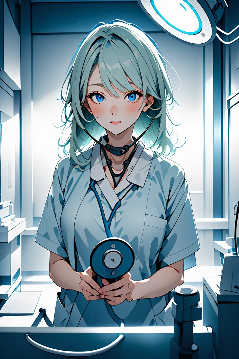 (RAW photo, best quality,facing the viewer,from front), operating room, overhead surgical light,blurred background, focused, dithering,backlighting,
 <lora:CMC924_Jade_Yamamoto_V1.0:0.9> cmc924, jade yamamoto, 1girl, solo, green hair, blue eyes,
 <lora:concept_stethoscope_listen_v2_1:0.9> (stethoscope_listen),