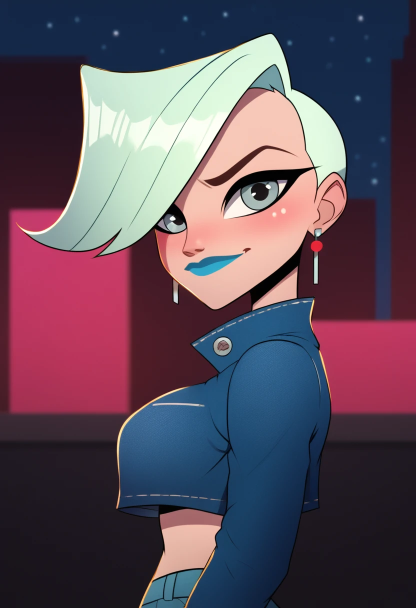 zPDXL, score_9,score_8_up,score_7_up,_up,source_cartoon, best quality, amazing quality, masterpiece, 1girl, looking at viewer, solo, upper body, cute, blush, smile, night sky, city, contour_deepening,depth of field, huge filesize,wallpaper,background,(flat color),large breasts, blurry background, <lora:DankFlank:1>, dank flank, glukoza, <lora:glukoza-02:1>, short hair, gray-green hair, crop top, earrings, denim shorts, high heels, hair over one eye, grey eyes, blue lips, jacket