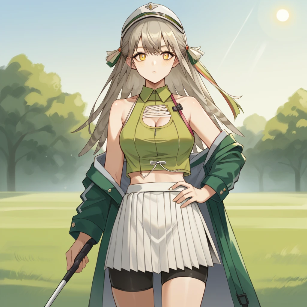 score_9_up, score_8_up, score_7_up, source_anime, masterpiece, best quality, 1girl, solo, Fartooth_Ark, Far_Alt, sun light clouds, standing, emotionless excited, holding golf club, hand on hip, looking at you, grey hair, long hair, feather hair, white headwear, hat, peaked cap, yellow eyes, crop top, green shirt, sleeveless shirt, collared shirt, bare shoulders, off-shoulder jacket, green jacket, long sleeves, green sleeves, ribbon, cleavage cutout, white skirt, bike shorts, black shorts, shorts under skirt, side slit, mature body, dynamic cowboy shot, outdoors, golf course field background