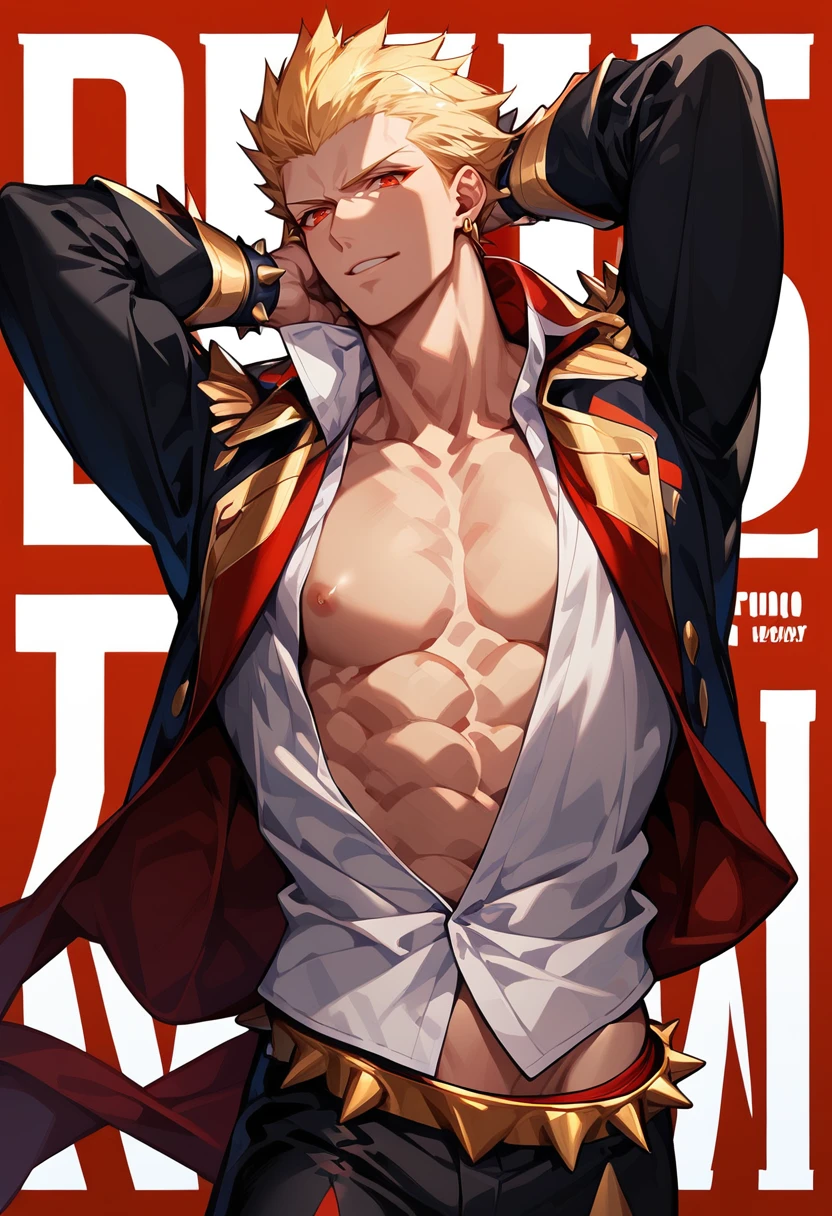 score_9,score_8_up,score_7_up,1boy,solo,yaoi,bara,male focus,fairly nsfw,uncersored,highres,best quality,amazing quality,best aesthetic,absurdres,<lora:add-detail-xl:1>,<lora:gilgamesh:1>,gilgamesh,jewelry,parted lips,spiked hair,hair slicked back,magazine cover,cowboy shot,open clothes,white shirt,arms up,