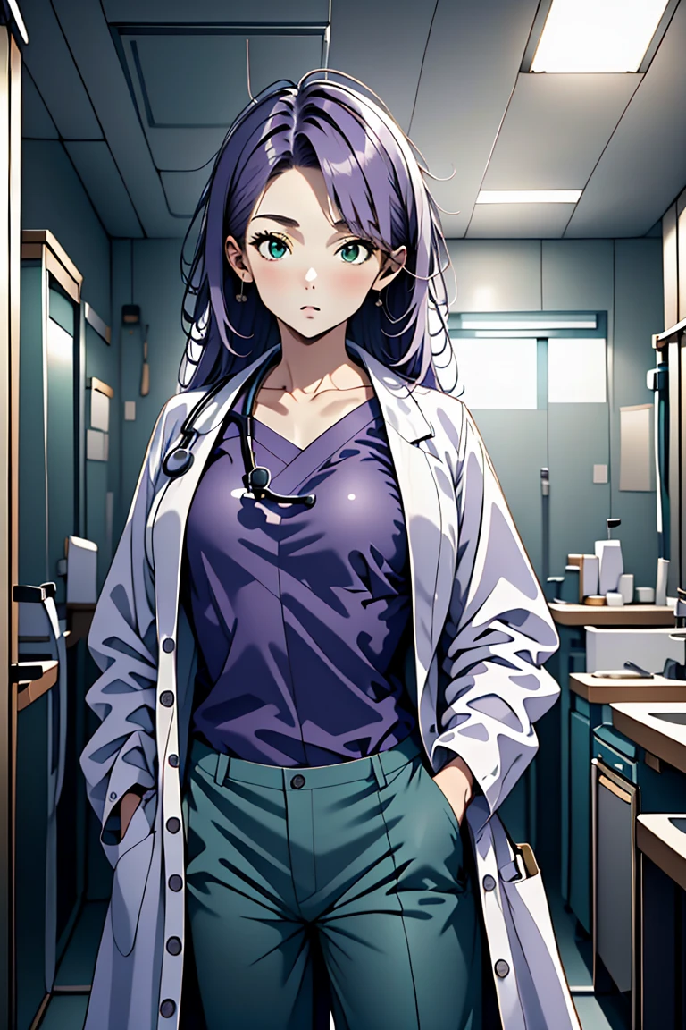 (RAW photo, best quality,facing the viewer,from front), operating room, overhead surgical light,blurred background, focused, dithering,backlighting,
 <lora:CMC924_Isabella_Moretti_V1.0:0.9> cmc924, isabella moretti, 1girl, solo,purple hair, green eyes,long hair, <lora:Doctor_Uniform_V2.0:0.8> doctor_traditionalcoat, 1girl, solo, shirt, pants, labcoat, doctor, stethoscope, looking at viewer, hands in pockets,