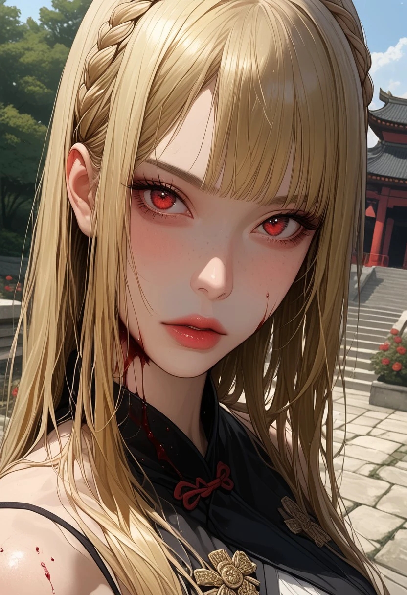 long length hair, golden hair, crown braid, half up and down hairstyle, bright red eyes, oval face, sun-kissed skin with a sprinkling of freckles, slim body, medium high, expressive eyebrows, full lips, small breast, detailed background, chinese temple,
outdoor,  garden, black hanfu, covered in blood, bloody, tiresome, dutch angle, looking at viewer,