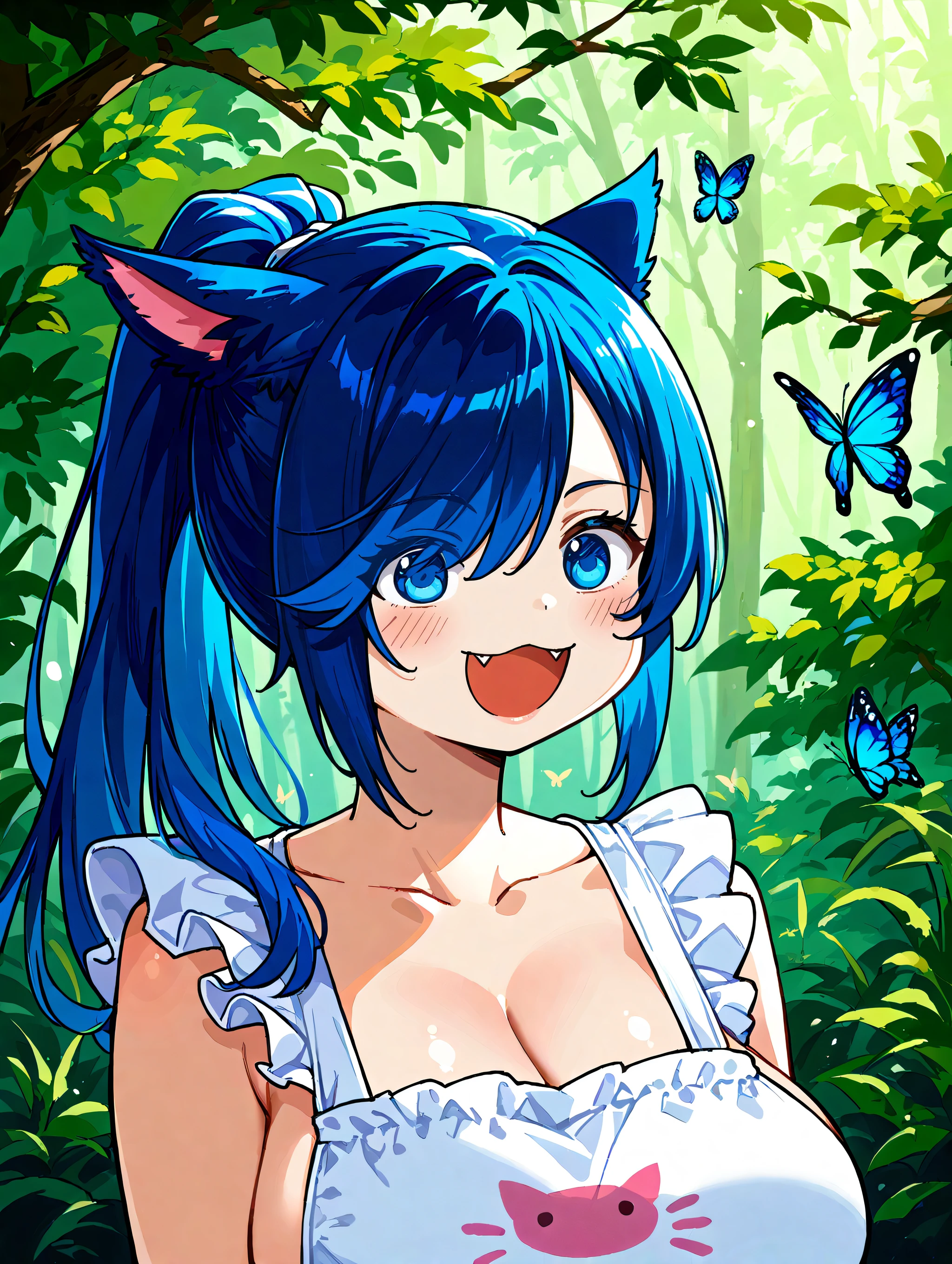 score_9, score_8_up, score_7_up, source_anime,
BREAK
1girl, <lora:thusiast-v1:0.6>, thu5145t, blue hair, ponytail, cat ears, miqo'te, huge breasts, rating safe, hair over one eye, white eye, naked apron, cat apron
BREAK
<lora:GyateGyate_pdxl_Incrs_v1:1>, open mouth, smile, chibi, fang, forest, butterflies, close up, portrait