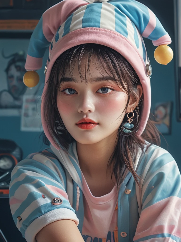 profile portrait, (wearing jester stripe Hat , jocker hat:1.3)
full body of a girl, fashion magazine, detailed face, realistic lighting, high resolution, light pink and light blue, sharp focus,
misa <lora:Misa V1_epoch_8:1>, (best quality:1.3), photo-realistic, highly detailed, high resolution RAW photo, film grain