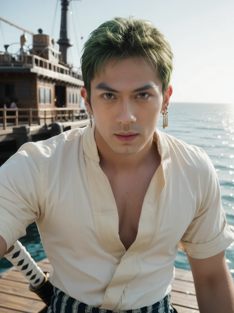 cinematic photo  , score_9, score_8_up, score_7_up,    <lora:mackenyuArataZoroQuiron_man:0.97> realistic, male focus, solo, 1boy, mackenyuarataZoroQuiron, jewelry, earrings, short hair, green hair, looking at viewer, mackenyuarataquiron, black eyes, weapon, katana, holding katana, japanese man, fighting pose,  at wooden pirate ship, samurai, . 35mm photograph, film, bokeh, professional, 4k, highly detailed