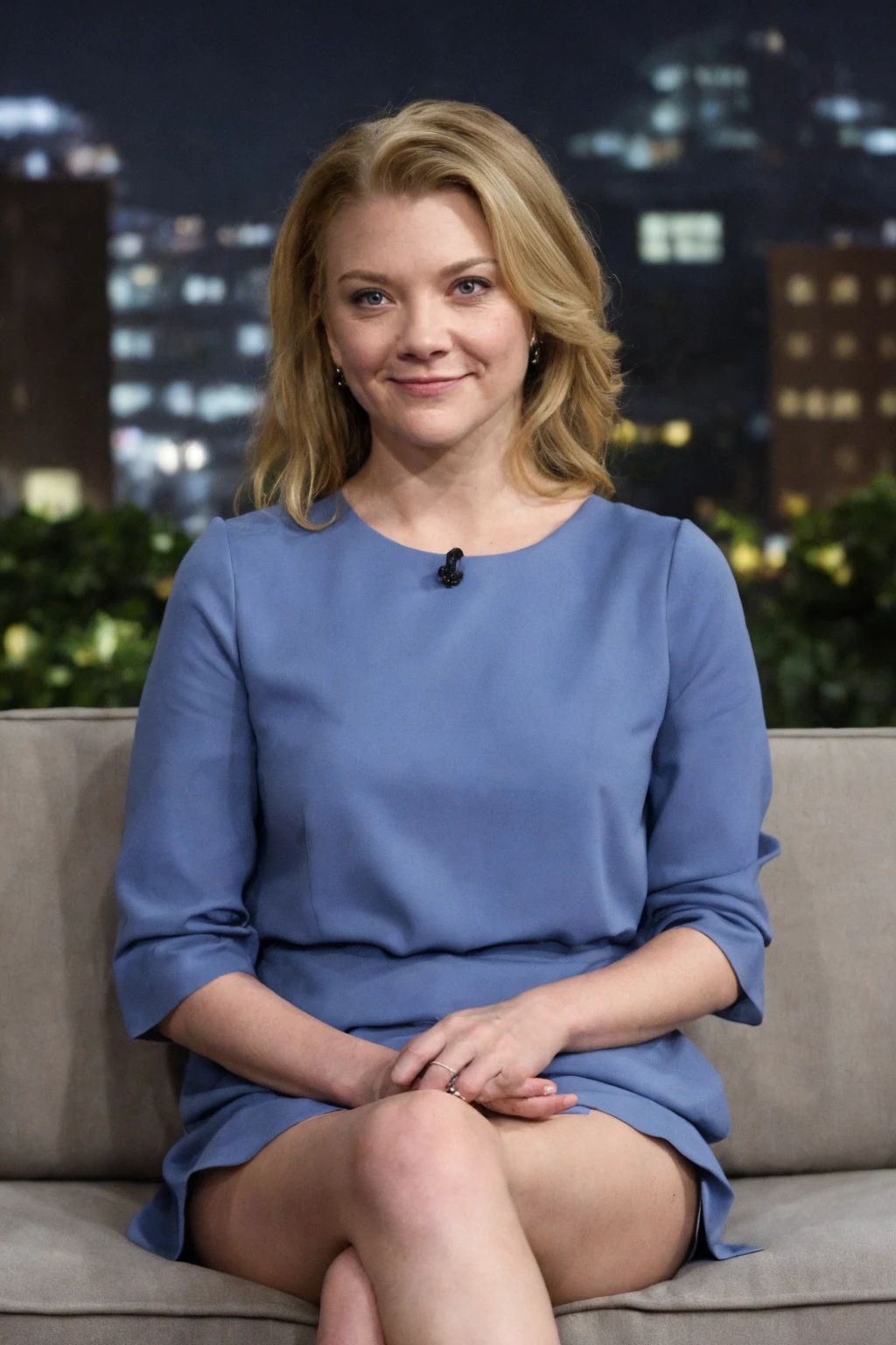 1girl, real photo, professional Getty Images style without watermark, actress appearing on Jimmy Kimmel Live, sitting on the guest sofa, smiling, elegant attire, studio lights, talk show set background, lively atmosphere
 <lora:natalie_dormer_lora_v02:1> nat82, blonde hair, blue eyes