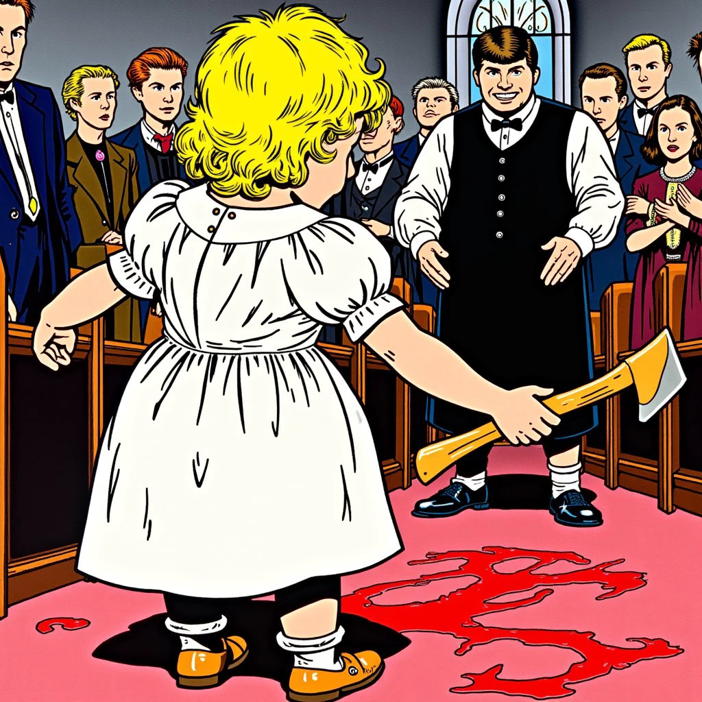 A  blonde female childing a bloody axe, blood splatter, sunday dress, church, shocked parishioners, shocked priest, style of frank kozik, kozik