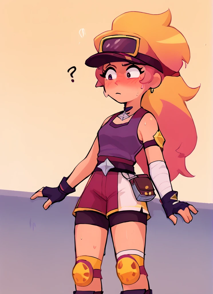 score_9, score_8_up, score_7_up,   <lora:boamber:1>boamber   ,1 girl  , multicolored hair, long hair  ,purple tank top,  belt, yellow knee pads, shorts ,  skirt, shorts under skirt, visor cap,   pink headwear,  fingerless gloves,  , confused, white Arm band, ??? ,sweat,  blush,     <lora:SyrupyyyArt:1>syrupyyy