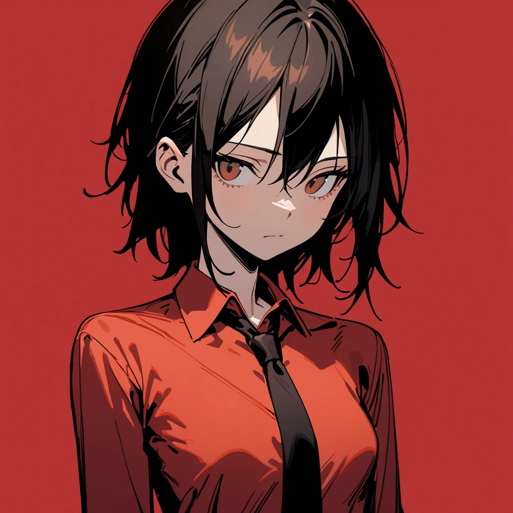 best quality, hires, 
girl, black hair, brown eyes, wolf cut, red collared shirt, long sleeves, black necktie, skinny, small breasts, upper body, (short hair:0.5),
red simple background, 
<lora:Wolf_Cut:0.8>