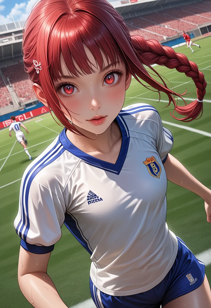 1girl, long length hair, side braid, vermillion hair, crimson eyes, round eyes, pale skin, tiny breasts, flat chest, detailed background, short girl, cute face, innocent, shy, dynamic pose, perfect face, frickles, cute cupid lips, detailed background, vermillion hair,
outdoor, football field, running after football, sweating, tricot, sportswear, sweating, cowboy shot, dutch angle, looking at viewer,