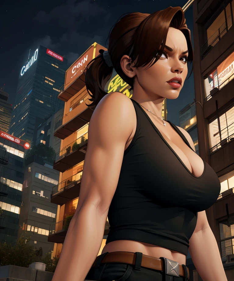 catalinagta,brown eyes,brown hair,ponytail,hair over one eye,
cleavage,black shirt,sleeveless,midriff,black jeans,looking at viewer,
toned,standing,from below,
city,night,
(insanely detailed, beautiful detailed face, masterpiece, best quality) solo,<lora:CatalinaGTA:0.8>,