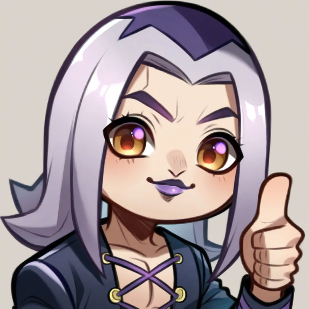 score_9, score_8_up, score_7_up, score_6_up, ,solo, 1boy, abbacchio, abbacchio_hat, abbacchio_coat, portrait, chibi, cute,,Simple Background,Emote Chibi, purple lips, anime, thumbs up