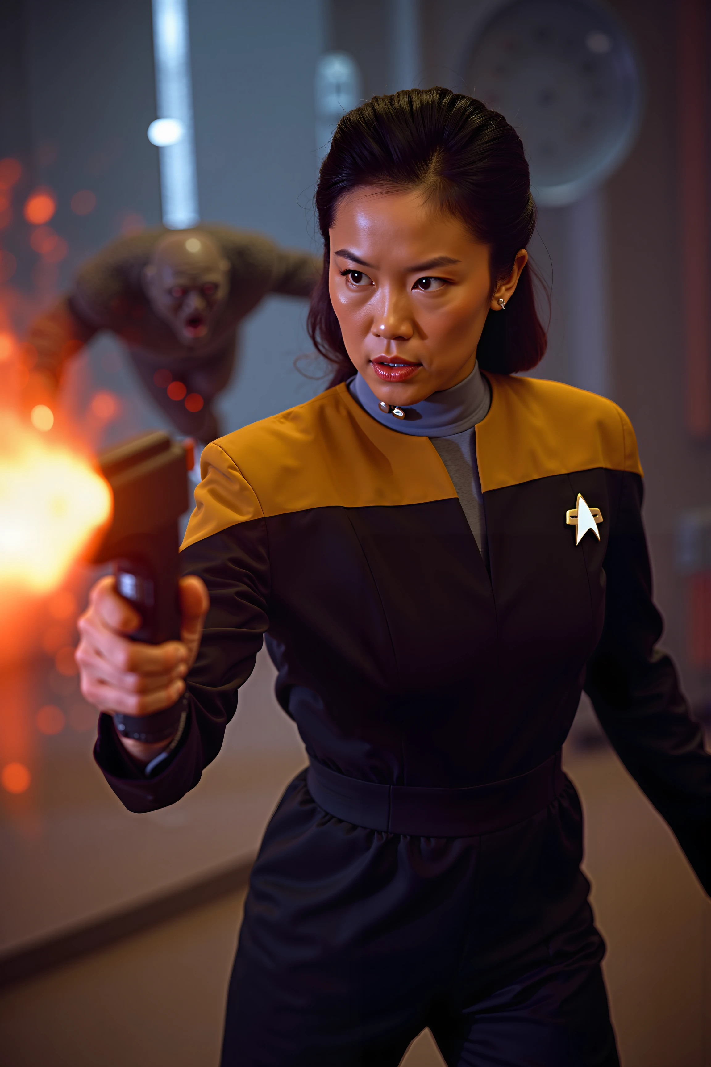 A high-quality action photo scene featuring an Asian woman in a black Voyager uniform with yellow shoulders engaged in a dramatic encounter with an alien. The woman, with an intense and focused expression, is in mid-action, deftly wielding a futuristic tricorder or phaser. Her uniform is detailed and pristine, with the vibrant yellow color standing out against the dramatic background. The alien, depicted with striking, otherworldly features such as luminescent skin, multiple eyes, or unusual appendages, is shown in a dynamic pose, perhaps in mid-leap or emitting a burst of energy. The interaction between the two characters is tense and thrilling, set against a visually stunning backdrop—such as a futuristic, crumbling space station or an alien landscape filled with vibrant colors and dramatic lighting effects. The scene is filled with high-energy movement and vivid details: sparks flying, futuristic gadgets glowing, and dynamic lighting that emphasizes the intensity of the action. The photo captures the excitement and high stakes of the moment, blending sci-fi adventure with high-quality, cinematic realism.
