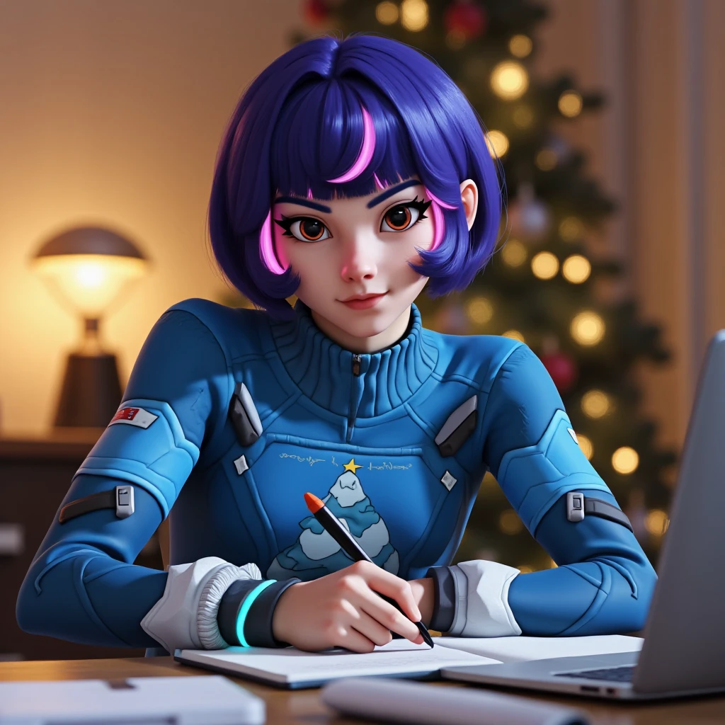 juno wearing a blue christmas sweater, writing in her notebook while sitting on a work desk, christmas tree in the background