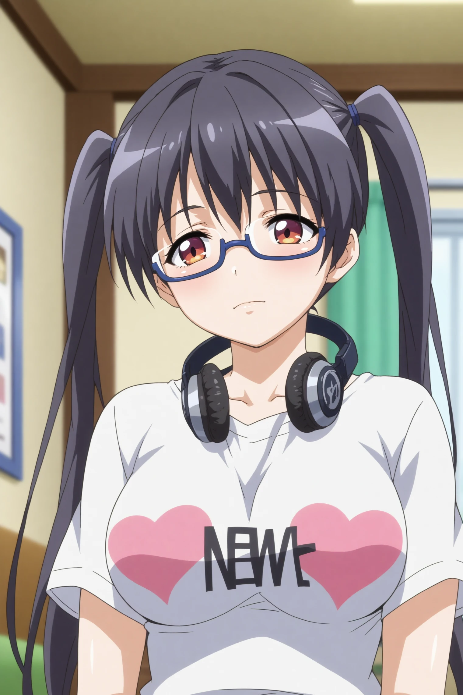 iori kousaka,anime screencap,1girl,mature,indoors,shirt,glasses,headphones around neck,black hair,red eyes,long hair,standing,twintails,breasts,   <lora:Iori_Kousaka.safetensors:0.8>