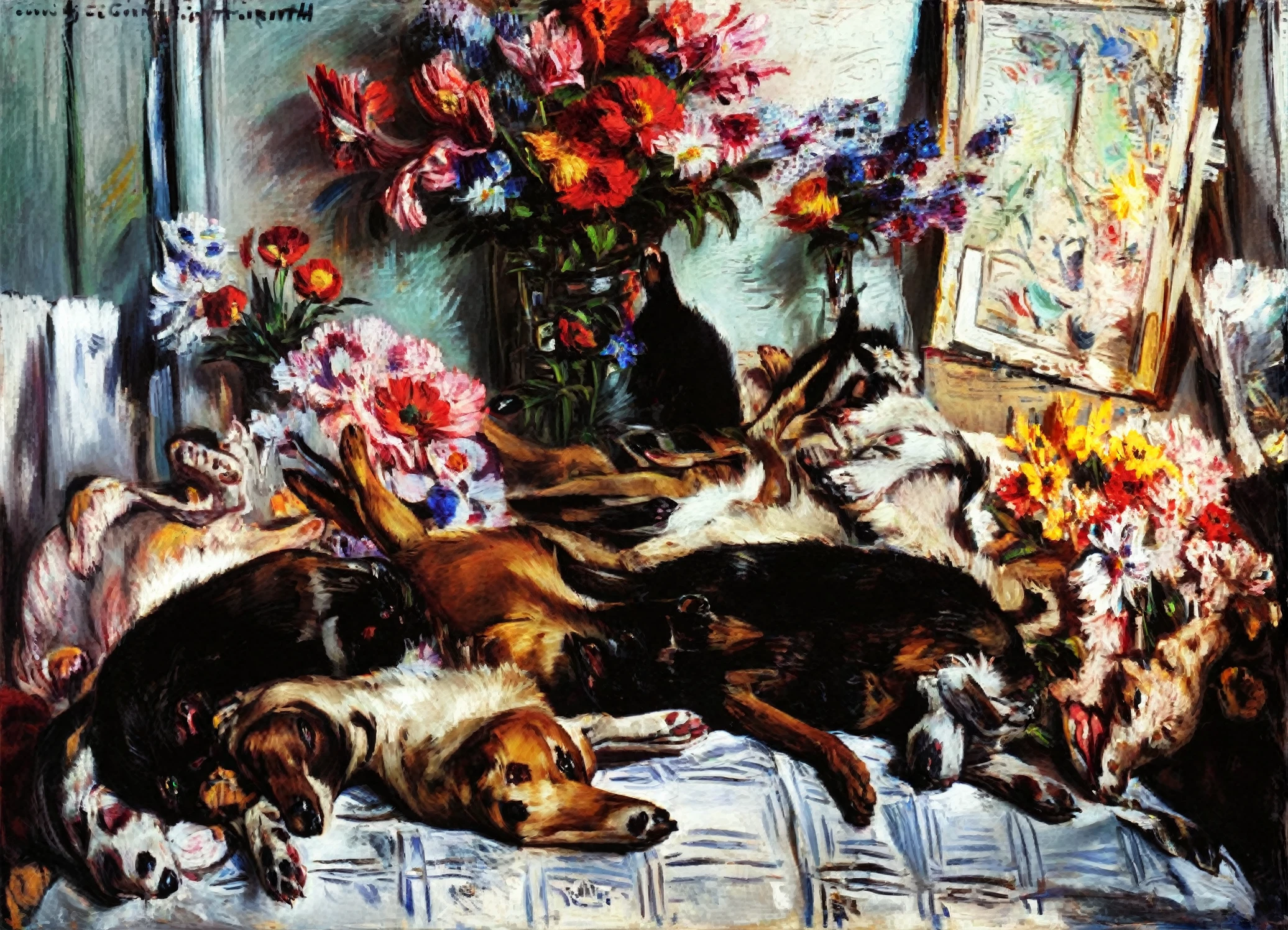 <lora:lovis-corinth_pony_v1:1> ' still life ' by Corinth Lovis in 1910,  still life \(genre\) flower painting \(genre\) animal painting \(genre\) a dog and a cat playing,2other,2animals, score_9, score_6_up, score_7_up