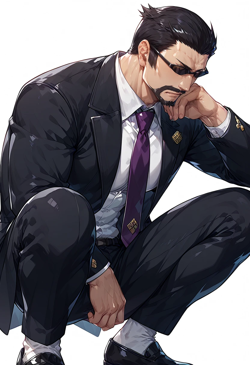 score_9, score_8_up, score_7_up, source_anime, kasai_tatsuyoshi, 1boy, solo, male focus, mature male, bara, from side, yakuza, squatting, suit, black jacket, formal, purple necktie, lapel pin, spread legs, sunglasses, black hair, beard, mustache, white background, extremely detailed, 8k, best quality, amazing quality, best aesthetic, absurdres <lora:kasai_pony_6-000033:1> <lora:lowres_concept_ponyXL_v1:-0.4>