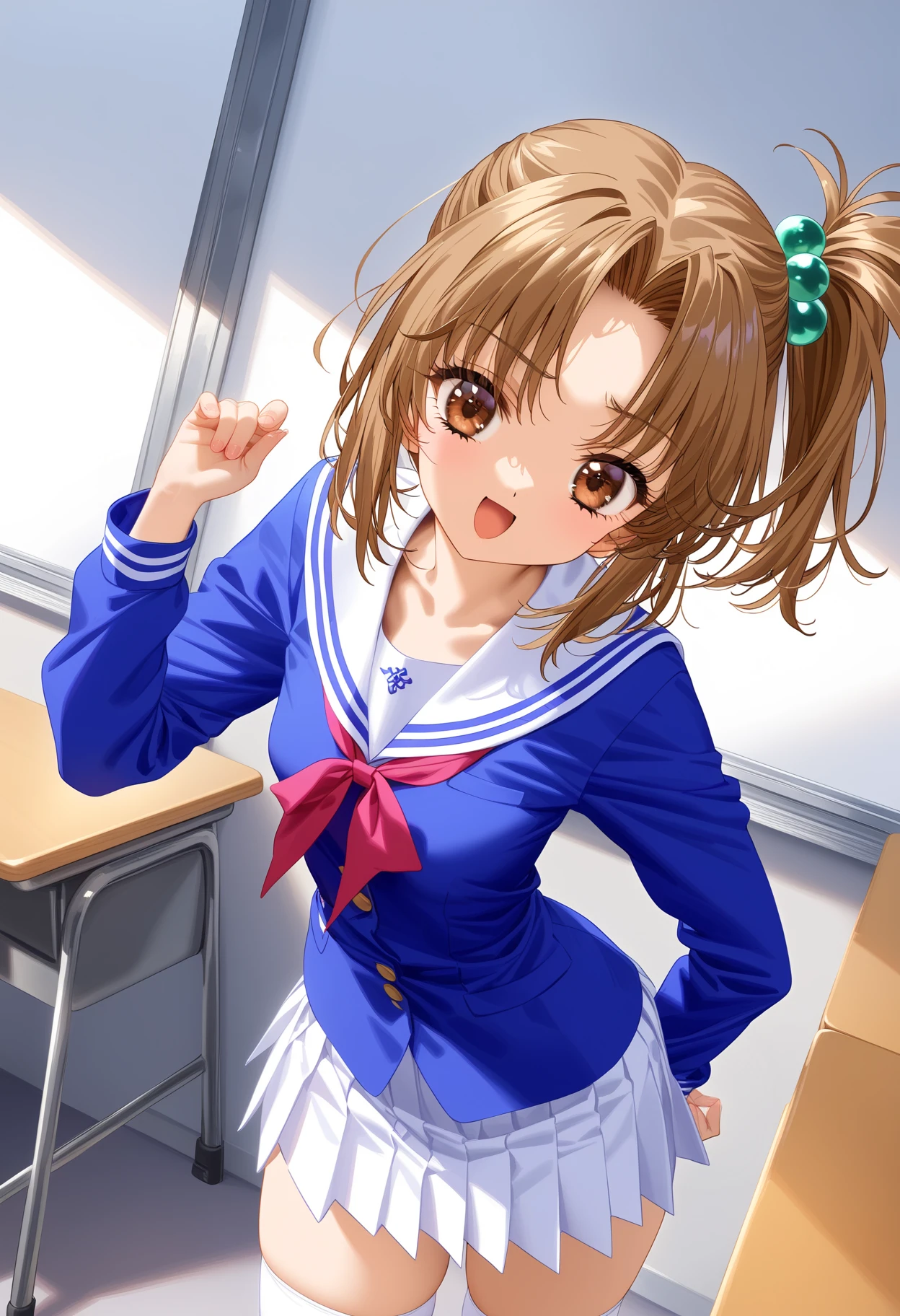 masterpiece,best quality,very aesthetic,absurdres,intricate details,1girl,
<lora:SHINBASHI_RINA_V1:1>,rina_shinbashi,brown eyes,brown hair,short hair,hair ornament,Side ponytail,small_breasts,school uniform,blue sailor suit,long sleeves,white pleated skirt,white_thighhighs,
<lora:Fixhands_anime_bdsqlsz_V1:1>,standing,stylish_pose,classroom,:d,cowboy_shot,looking_at_viewer,, masterpiece,best quality, very aesthetic, absurdres, ultra detailed, high resolution, 4k, extremely detailed CG,