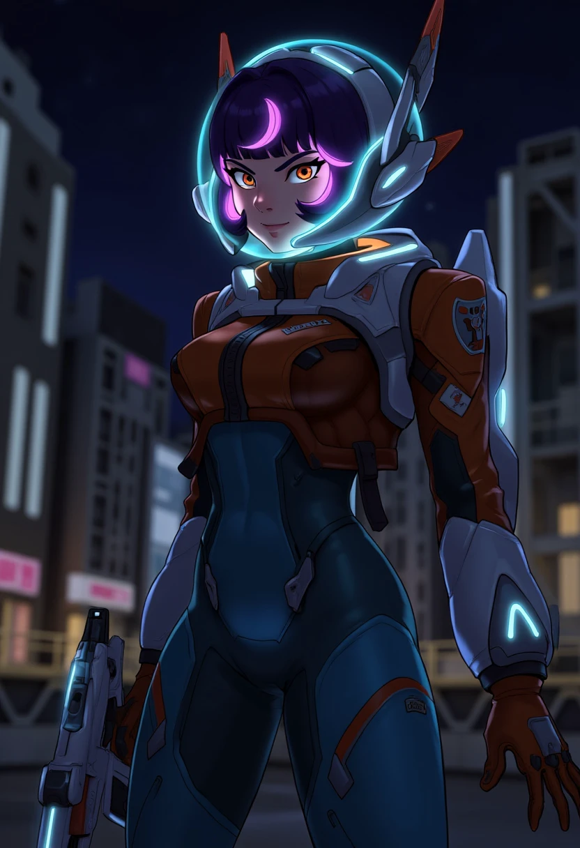 Juno, space helmet, 1girl, cyberpunk, futuristic, police uniform, action, determined, serious, cityscape, standing, dynamic pose, holding gun, focused, street, nighttime, ready for battle, gloves, intense