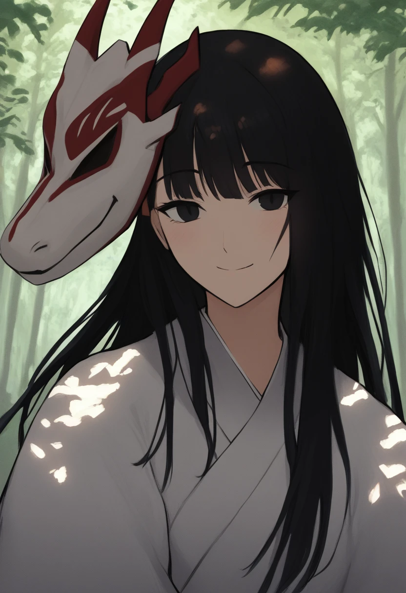 score_8_up, woman, smile, long hair, black hair, black eyes, looking at viewer, seductive smile, light blush, outdoors, forest, upper body, shade, dragon mask, white kimono, mask on head, 
<lora:DarkerThanDarkV1.5:0.5> 
<lora:AnimalMasks-000009:1>