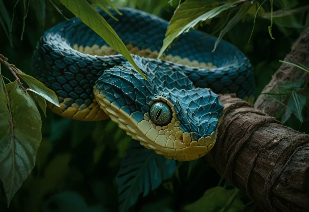 score_9, score_8_up, score_7_up, score_4, score_5, score_6, source_furry, feral snake, Spiny viper, spiny scales, sitting in a tree, tree, jungle, leaves, view from above,