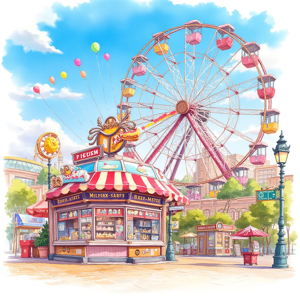 Watercolor,hand drawn,Best picture quality, masterpiece, high definition, 4K,Dessert shop in amusement park, Ferris wheel background, colorful balloons, blue sky and white clouds, colorful composition