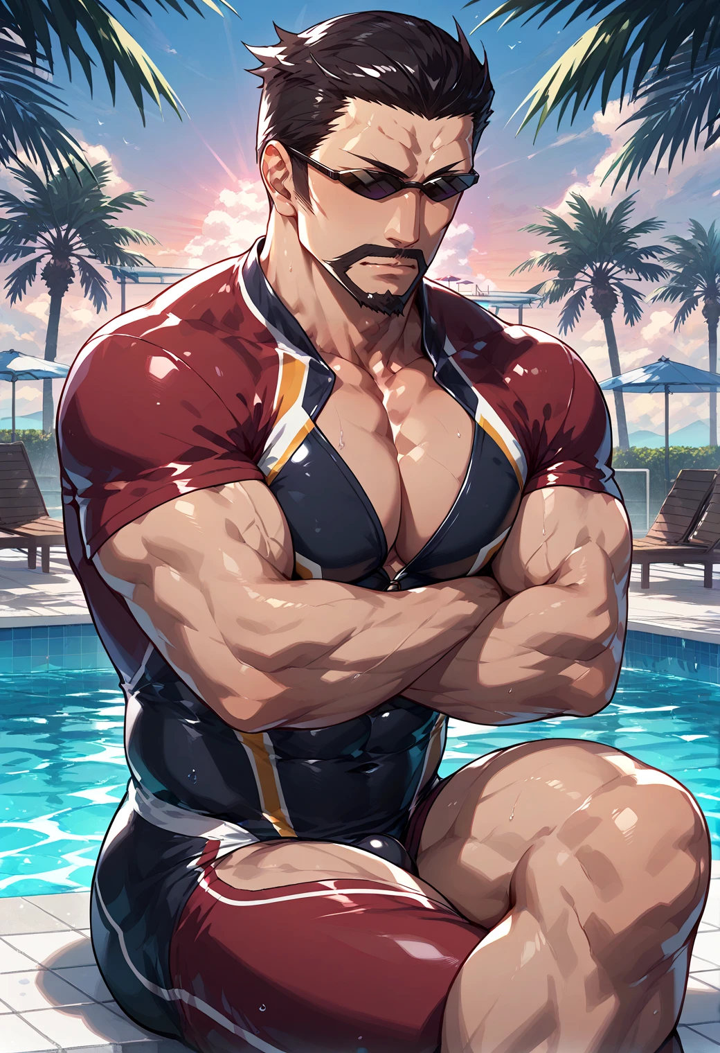 score_9, score_8_up, score_7_up, source_anime, kasai_tatsuyoshi, 1boy, solo, male focus, bara, mature male, middle-aged, sitting, crossed legs, v arms, :o, facing up, arms up, swimsuit, wetsuit, cutout, pectoral cleavage, abs, (bulge:0.9), sunglasses, hair slicked back, short hair, black hair, beard, mustache, poolside, dappled sunlight, sunset, vaporwave theme, vivid coloring, extremely detailed, 8k, best quality, amazing quality, best aesthetic, absurdres <lora:kasai_pony_6-000033:1> <lora:Skinny - Muscular Slider - PNY_alpha1.0_rank4_noxattn_last_pony:1.5>