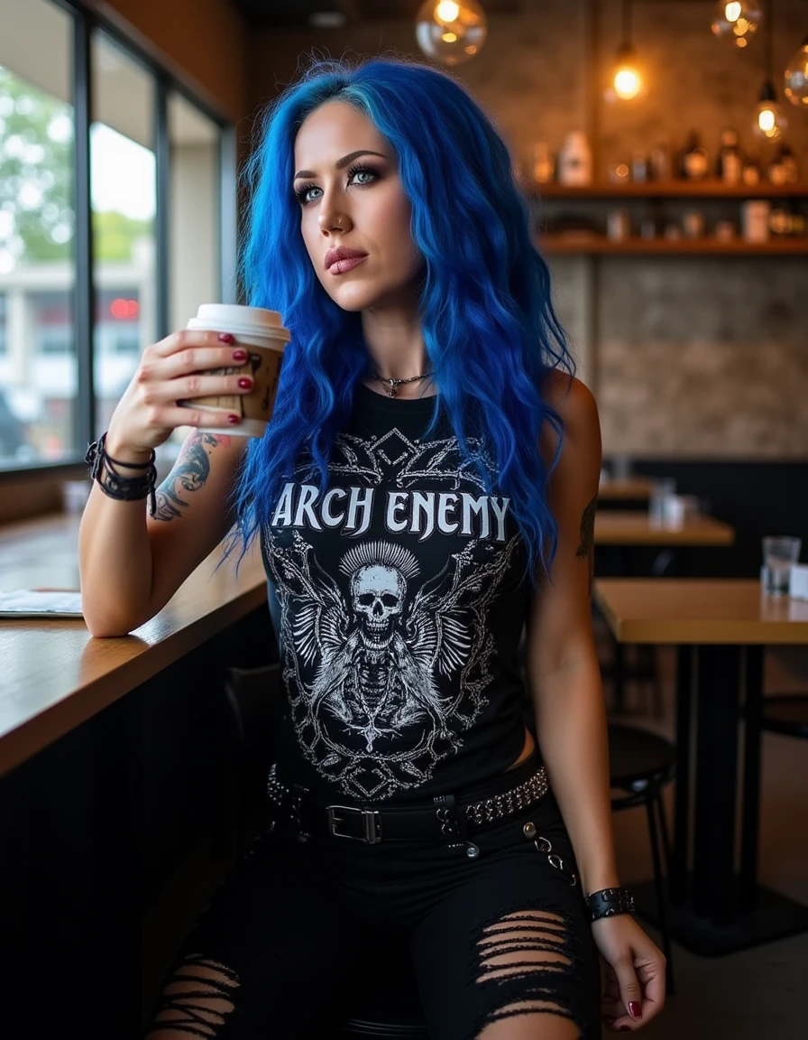 <lora:Alissa_White-Gluz:1> realistic photo of alissawg, blue hair, makeup, wearing an "ARCH ENEMY" band tank top, black ripped jeans,  in a cafe having a coffee.