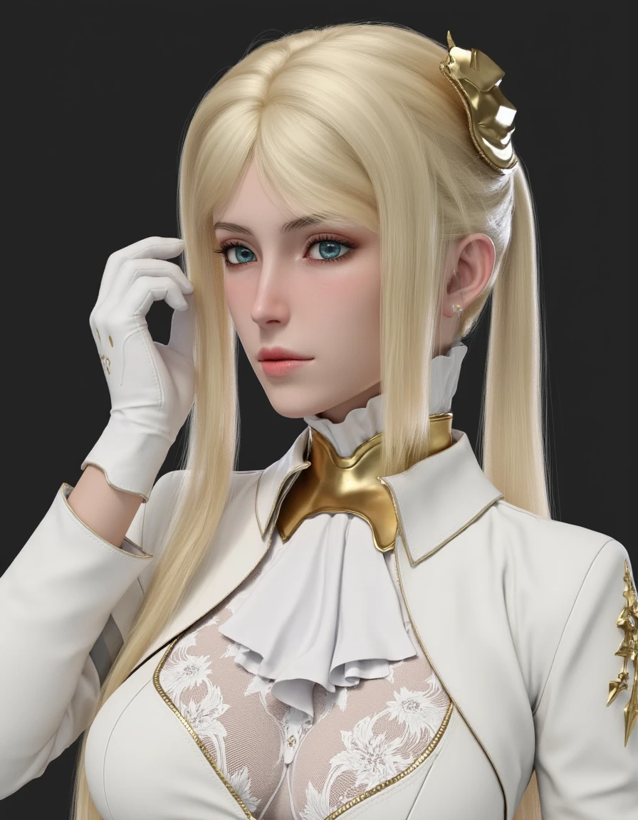 closeup   portrait of a yorha commander wearing white dress adorned with golden accents, paired with white gloves
<lora:commanderWhiteFlux:1>