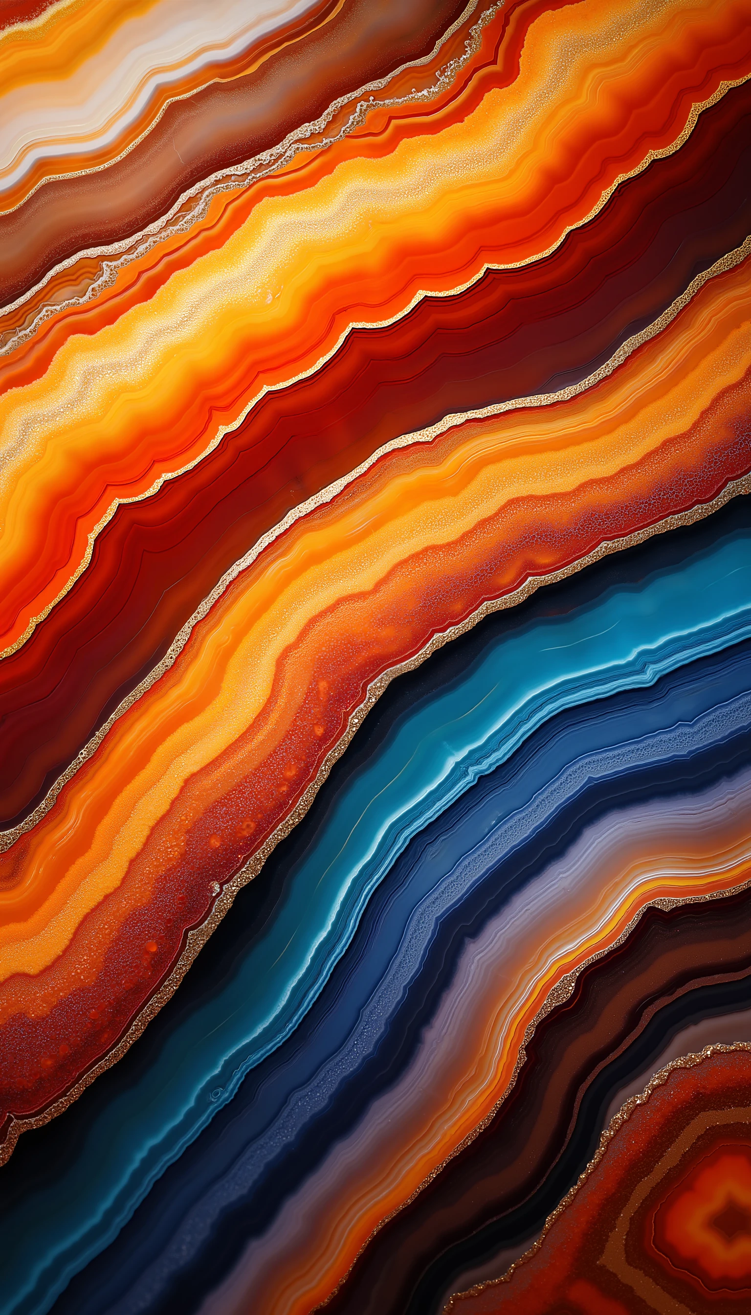 A captivating, high-quality macro shot of a richly colored agate, emphasizing its polished surface and sleek, abstract lines. The vivid colors blend seamlessly with earthy tones, creating an ombre effect that is enhanced by the interplay of light and shadow. The imageâs modern aesthetic and metallic luster give the agate an almost otherworldly beauty, while the extreme detail captures every nuance of its natural form. This ultra-photorealistic masterpiece, rendered in stunning 32K UHD, is a testament to the timeless elegance and intricate beauty of agate. <lora:Midjourney_Whisper_AgateX_v1_epoch_20:1>,