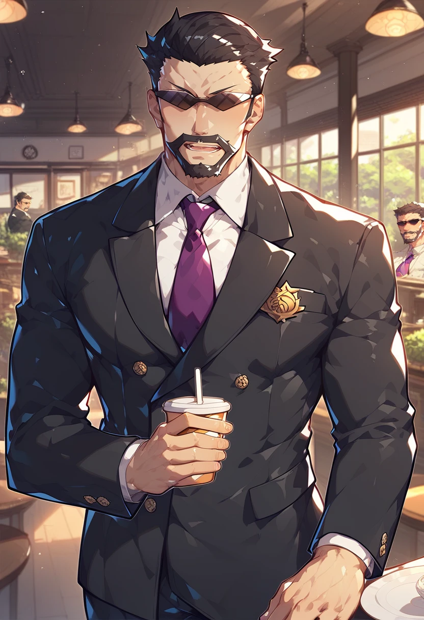 score_9, score_8_up, score_7_up, kasai_tatsuyoshi, 1boy, solo, male focus, mature male, black suit, double-breasted, lapel pin, purple necktie, collared shirt, black pants, sunglasses, short hair, black hair, beard, mustache, cafe, indoors, extremely detailed, 8k, best quality, amazing quality, best aesthetic, absurdres <lora:kasai_pony_6-000033:1>