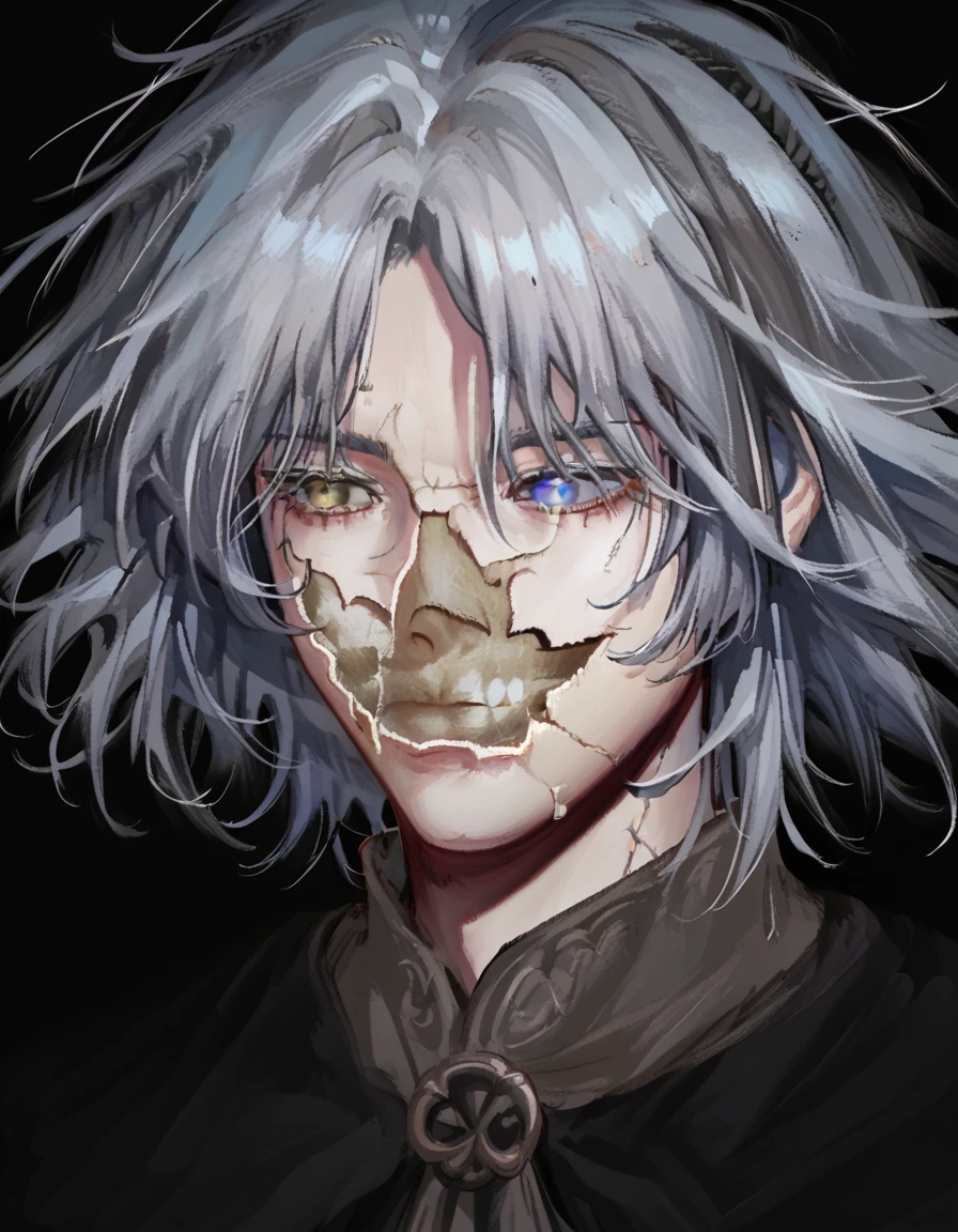 score_9, score_8_up, score_7_up, source_anime, upper body, solo, black background, 1girl, CoverMadrabyNewDad, eveyuno, <lora:CoverMadrabyNewDad:1>,  DarkMelina, gray hair, scars, blue pupil, yellow pupil, heterochromia,  <lora:DarkMelina:0.8>