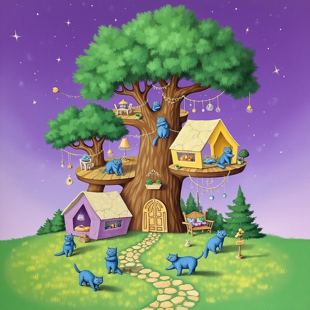 fairy tales,Best picture quality, masterpiece, high definition, 4K,  This is an illustration of a tree. The tree has three tiers. The top tier has blue cats sitting on it. The middle tier has yellow and white tents. The bottom tier has purple tents. There are blue cats walking on the grass. The grass is green. There is a door in the middle of the trees. The sky is purple with white stars.