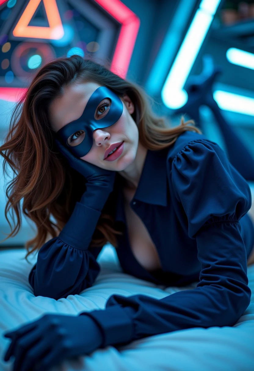 photograph of a beautiful brunette woman, laying on her back, on a bed, pleasure, curious,
medium-length wavy hair, pale skin, brown eyes, dark blue long-sleeved puffy-sleeved shirt with wide collar, dark blue leotard, light blue pantyhose, high dark blue heeled boots, dark blue gloves, dark blue superhero eye mask, 
spaceship background, neon bokeh