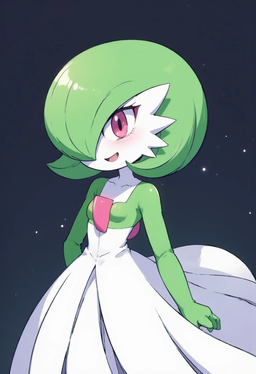 gardevoir, bob cut, colored skin, dress, gen 3 pokemon, green hair, green skin, multicolored skin, one eye closed, open mouth, pink eyes, smile, two-tone skin, white dress, white skin