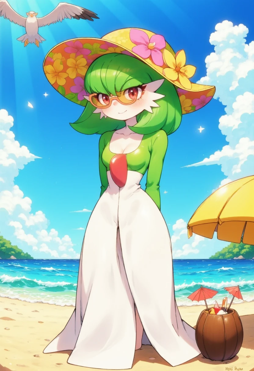 In a vibrant beach setting, a stylish gardevoir stands elegantly on the warm, golden sands beneath a radiant blue sky dotted with fluffy white clouds. The sunlight glints off its smooth, radiant green skin, which contrasts beautifully with the playful patterns of its oversized, colorful sunhat, adorned with vibrant tropical flowers in yellows and pinks. gardevoir's fashionable, reflective sunglasses catch the light, adding a whimsical flair to its serene expression. Around it, the gentle sound of rolling waves brushes against the shore, and a few cheerful beachgoers can be seen splashing in the sparkling turquoise water. The air is filled with the tantalizing scent of sea salt and sunscreen, while the warm breeze playfully rustles through gardevoir's flowing gown, giving it a sense of carefree elegance. Seagulls caw overhead, gliding gracefully on the thermals, adding to the atmosphere of a perfect summer day. gardevoir leans against a vibrant beach umbrella, a refreshing coconut drink with a tiny paper umbrella resting nearby, radiating an air of relaxed sophistication and joyful tranquility.