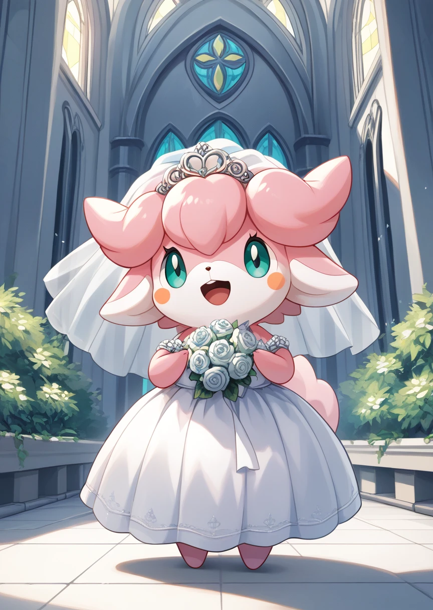 score_9, score_8_up, score_7_up, score_6_up, score_5_up, BREAK
Saline, smile, detailed background, church, open mouth, green eyes, standing, full body, aqua eyes, no humans, blush stickers, happy, pink fur, furry, pokemon (creature), wedding dress, wedding veil