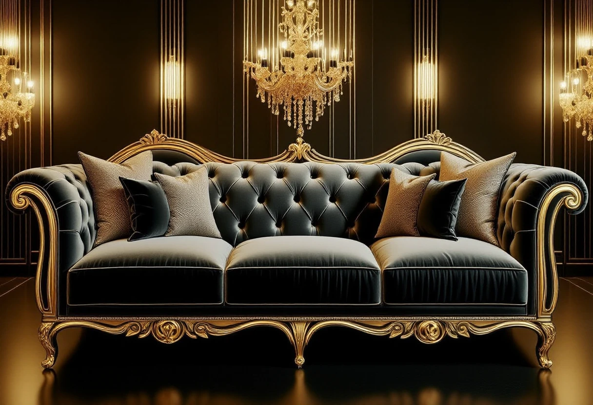 <lora:Art_Deco_Obsidian_Gold:1> Deco_BlackGold, plush couch with pillows, luxurious