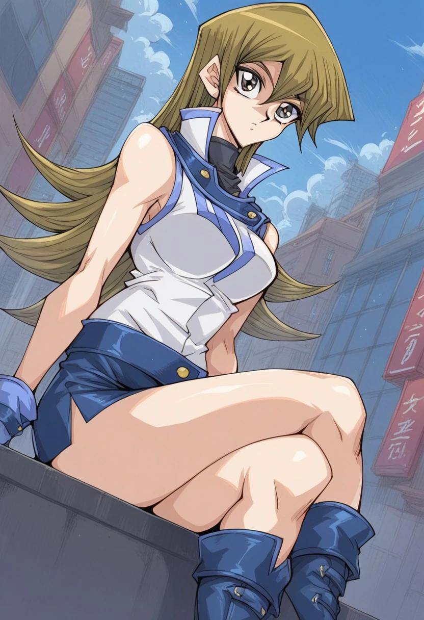 score_9,score_8_up, score_7_up, source_anime, 1girl, <lora:alexisrhodes.pony:1>,alexisrhodes,dark blonde hair,long hair,blue skirt,blue white jacket,sleeveless,belt,boots,gloves,bare shoulder, shiny skins,bare shoulder, shiny skin, looking at viewer, sitting, looking at viewer, sitting, crossed leg, cross arms, city, city street, solo, cowboy shot, dutch angle