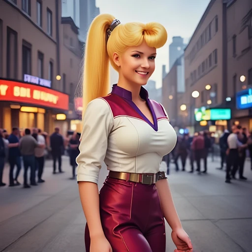 rollmega, standing on the street, in the city, sexy woman, realistic, smooth, high details, masterpiece, 4k, smile, scifi, blonde, ponytail, android