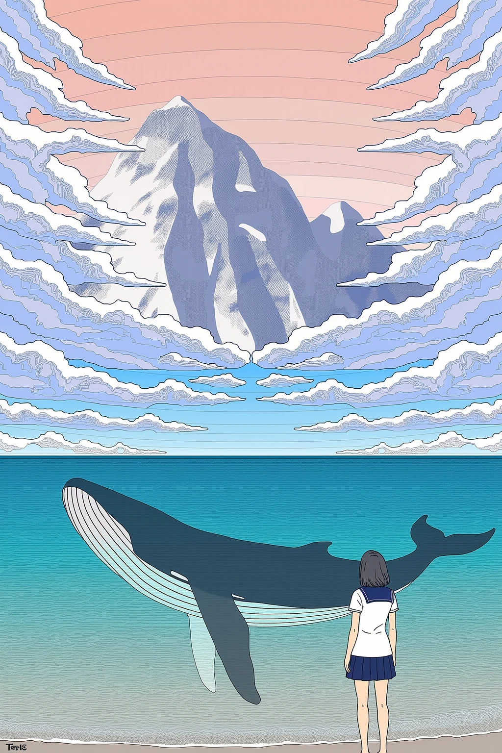 by balaenoptera style,1girl,from below.wide shot,whale,cloud, solo, mountain,Orange and aqua gradient color tones,