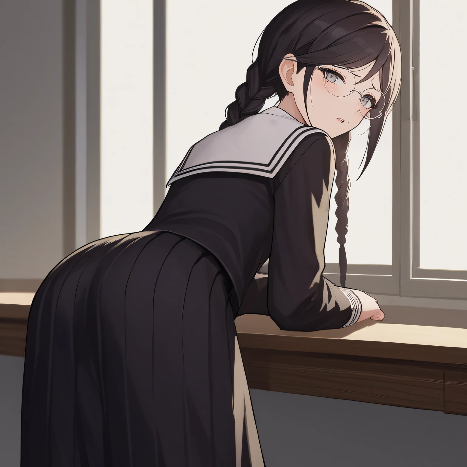 score_9, score_8_up, score_7_up, source_anime, rating_safe, intricate details, anime screencap, official style, 1girl, <lora:Fukawa_Toko:1>, toko, black hair, grey eyes, twin braids, mole under mouth, glasses, round eyewear, school uniform, black serafuku, long sleeves, sailor collar, black skirt, long skirt, indoor, looking at viewer, looking back, back view, ass, bent over, cowboy shot, blush, sad expression, parted lips